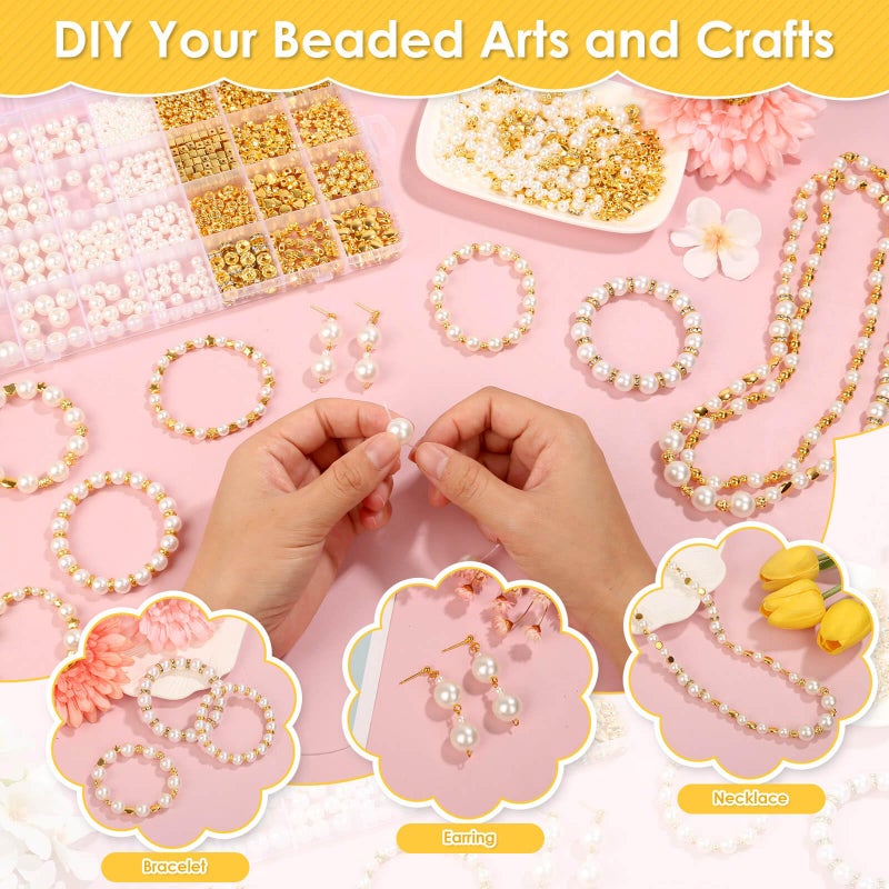 shynek 1352 Pieces Gold Spacer Beads and Pearl Beads for Bracelets  Assorted Gold Beads  Pearls for Bracelet Jewelry Making - Image 5